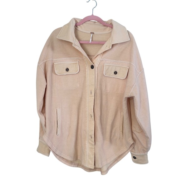 Free People Jackets & Blazers - Free People Oversized Shacket Shirt Jacket Peach Fleece Elbow Patch Pockets XS
